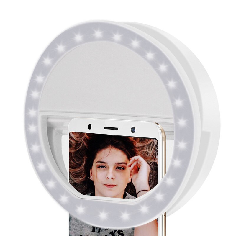 Mobiltelefon lys klip selfie led auto flash til mobiltelefon smartphone rund bærbar selfie lommelygte makeup spejl 1pc: Hvid