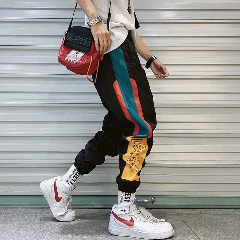 Adolescente moda hip hop streetwear homens splice corredores calça masculina calças casuais harem pant