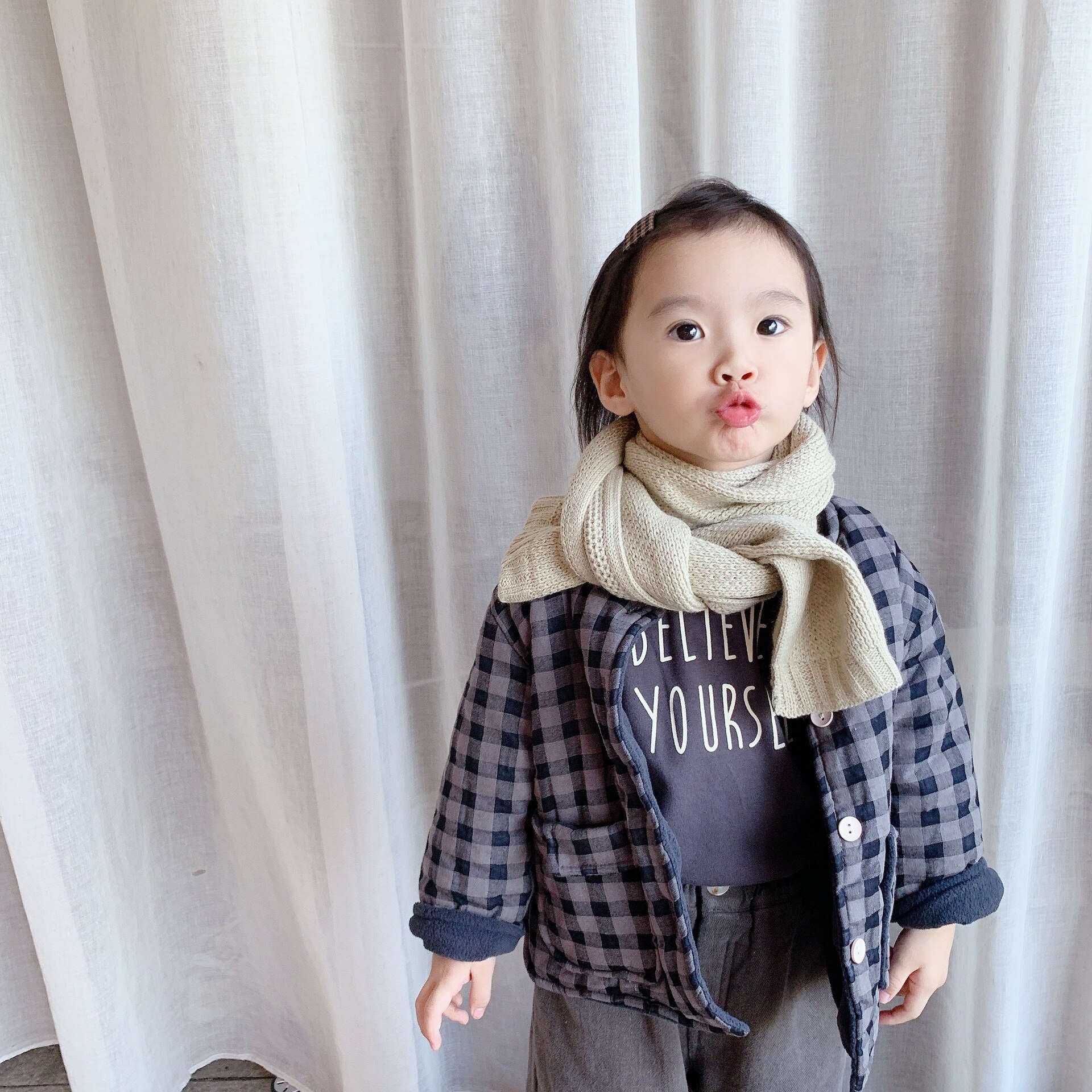 Winter Korean-Style Velvet Quilted Cotton Cloth Girl's Autumn Plaid Jacket Kids Baby Cotton-Padded Clothes Single Breasted