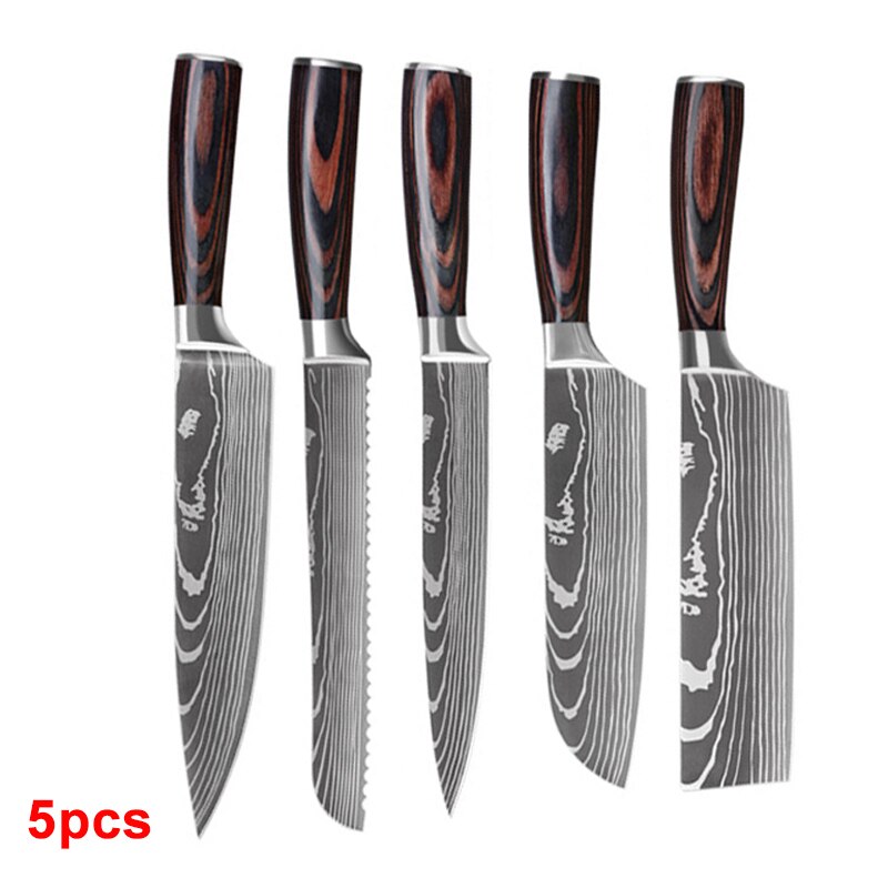 IWELAI Kitchen Knife Set Home Cook Knife Japanese 7CR17 440C Imitation Damascus Pattern Knife Nine-Piece Knife