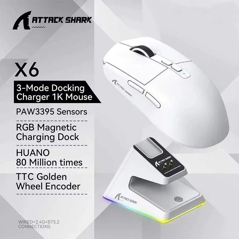 Attaque Shark X6 souris Gamer 3Mode 2.4G Bluetooth sans fil ergonomie souris de jeu RGB tactile Base de charge magnétique personnalisés: WHITE