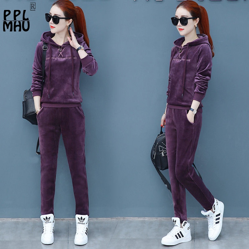 Matching Sets Autumn Plus Size Casual Loose Velvet Tracksuits 2 Pieces Set Women High Elastic Hooded Sweatshirts And Harem Pants