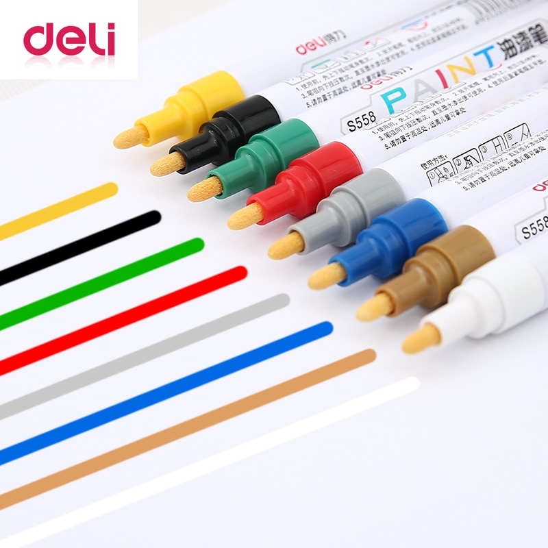 Deli 1 PCS Permanent Marker White Paint Marker Pens Assorted Colors Markers Stationery school & office Supplies Mark pen 8 color