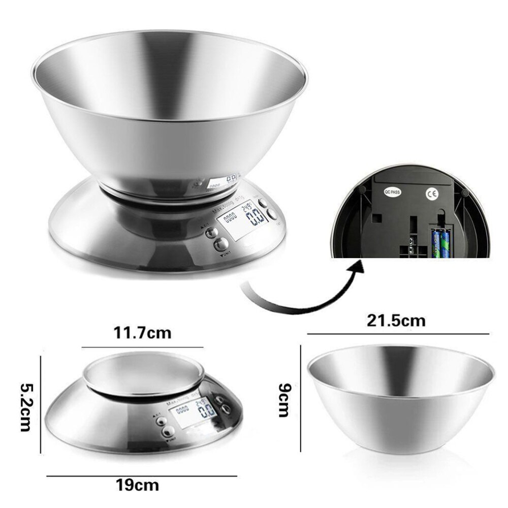 Digital Kitchen Scale 11lb/5kg Multifunction Accuracy Food Scale with Removable Bowl Tare Clock Temperature Indication