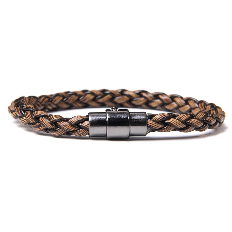 Bracelet tressé en bambou brun pour hommes, bijoux en acier inoxydable, fait à la main, avec boucle magnétique, Bracelet à breloques, pour hommes