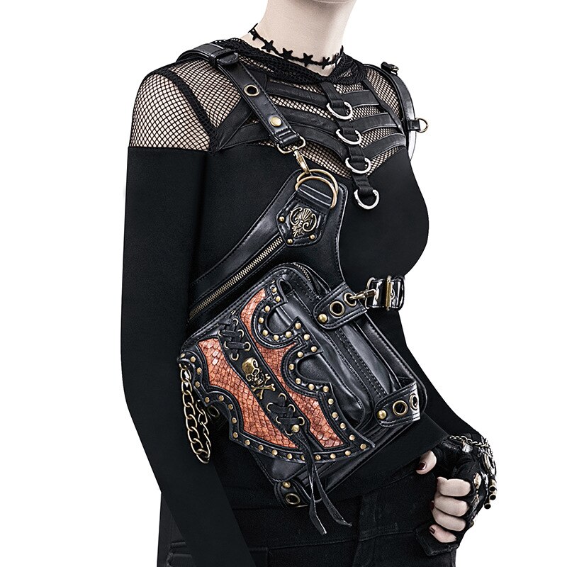 Steampunk, sac ceinture en cuir pour femmes, sacs aux jambes de moto, bandoulière avec support coque de téléphone, sacs noirs, nouveauté: HG087