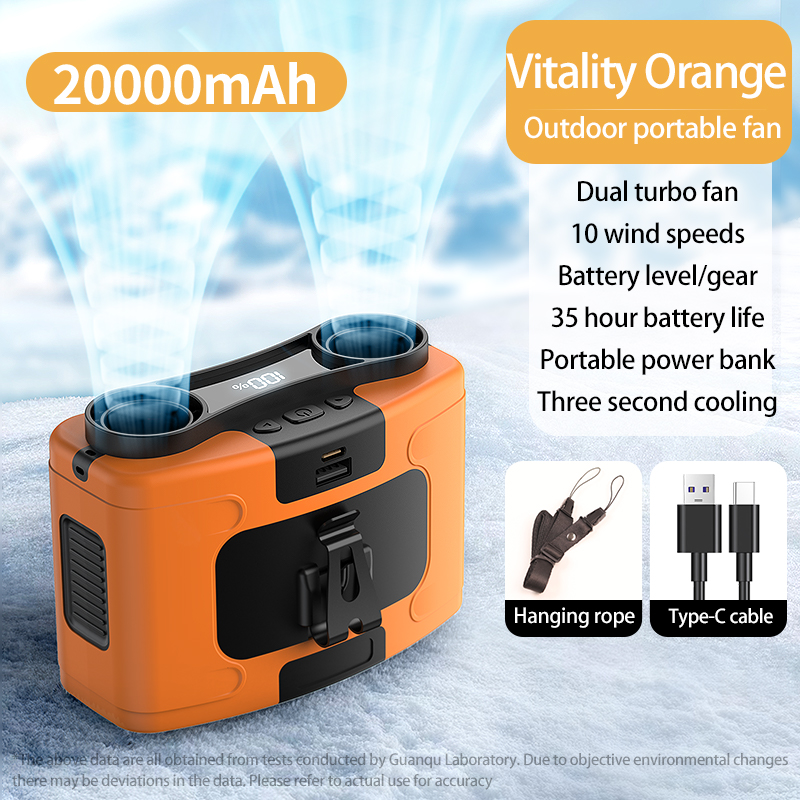 20000 mAh tragbarer Taillenventilator, schnell kühlender hängender Halsventilator, 10 Gänge, Geschwindigkeiten, Doppelmotoren, starker Wind, Außenventilator mit Powerbank: Black