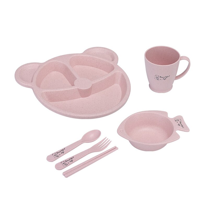 Cute Cartoon Baby Feeding Tableware Children Training Bowl With Spoon Fork Chopsticks Infant Kids Feeding Dinnerware MBG0531: 6Pcs-Pink