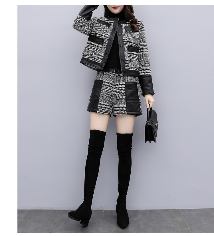 Houndstooth Two Piece Sets Outfits Women Plus Size Long Sleeve Tops And Shorts Suits Autumn Winter Ladies Sets