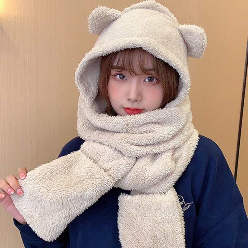 Korean Women Fluffy Plush Warm 3 In 1 Hooded Scarf Hat Gloves Set Cute Cartoon Cat Ears One-Piece Winter Windproof Earflap Cap