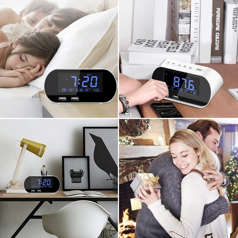 AMS-Alarm Clock Radio, FM with Sleep Timer, Dual USB Port Charging, Digital Display,with Dimming,Adjustable Volume (White)