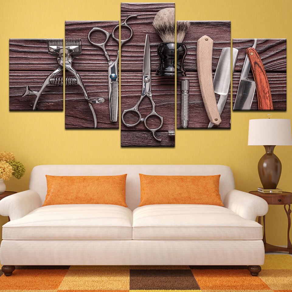 Cópias Da Arte da parede Poster Imagens Modulares 5 Pcs Navalha Tesoura de Cabeleireiro Ferramentas Styling Pintura Da Lona Casa Decoração Salão De Beleza