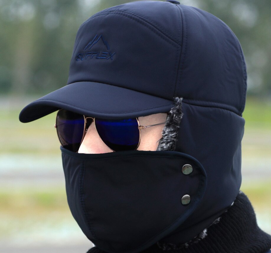 Varm hat trend vinter termiske bomber hatte mænd kvinder øreværn ansigt vindtæt ski cap fløjl tykkere par hat: Mørkeblå