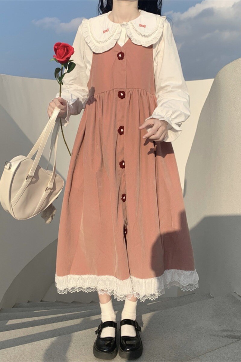 Japanese Style Dress for Women Autumn and Winter Small Sweet Gentle Cute Fairy Suspender Dress Mori Style Retro Long Dress: pink sleeveless