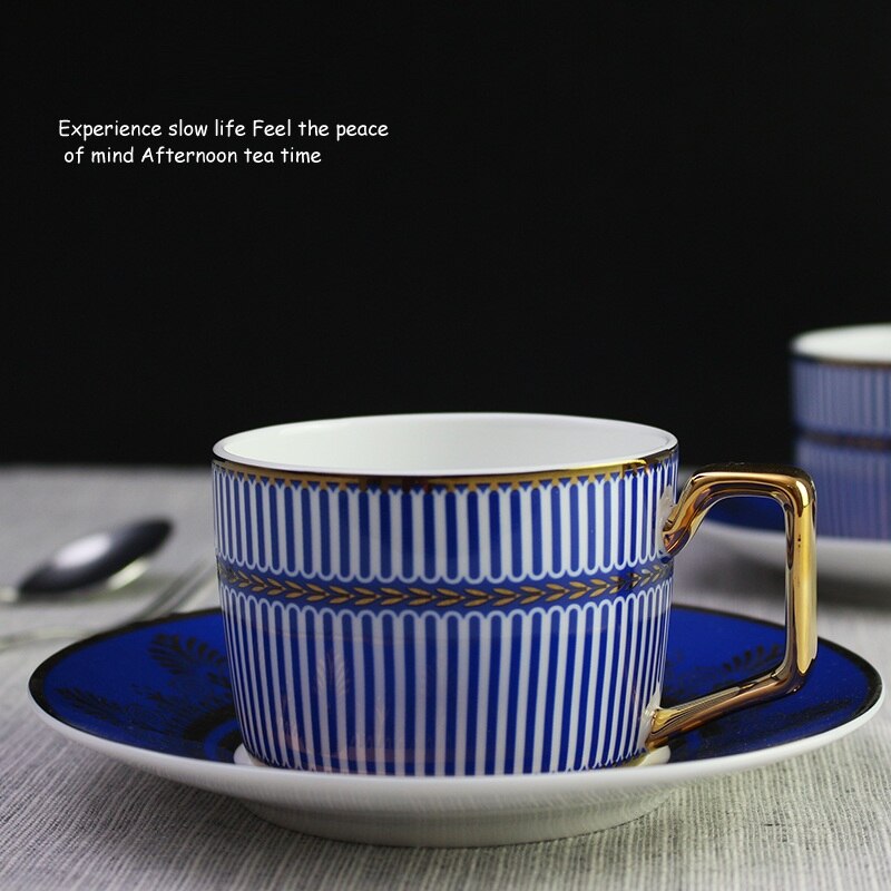 Ceram Coffee Cup Tea/ Milk Cup Afternoon Tea Cup with Plate Blue with Golden Coffee Cups