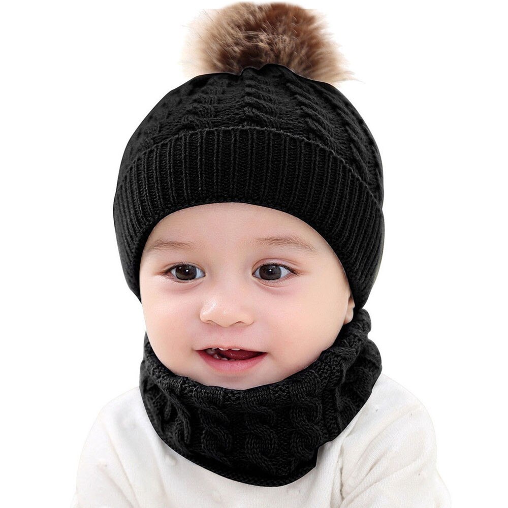 2Pcs Cap+Scarf Toddler Baby 0-2 Year Kids Girls Boys Winter Cute Warm Solid Knitted Beanie Keep Warm Outdoors Neck Set C28#: BK