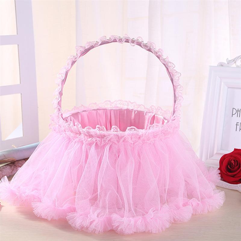 Lace Edge Mand Bruiloft Bloemblaadje Mand Bruidsmeisje Bloem Mand (Roze)