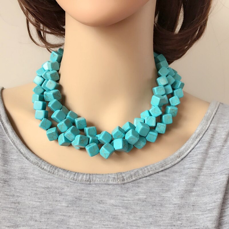 Drie Strengen Vierkante Steen Choker Chunky Ketting Verklaring Zomer Sieraden Voor Feestdagen