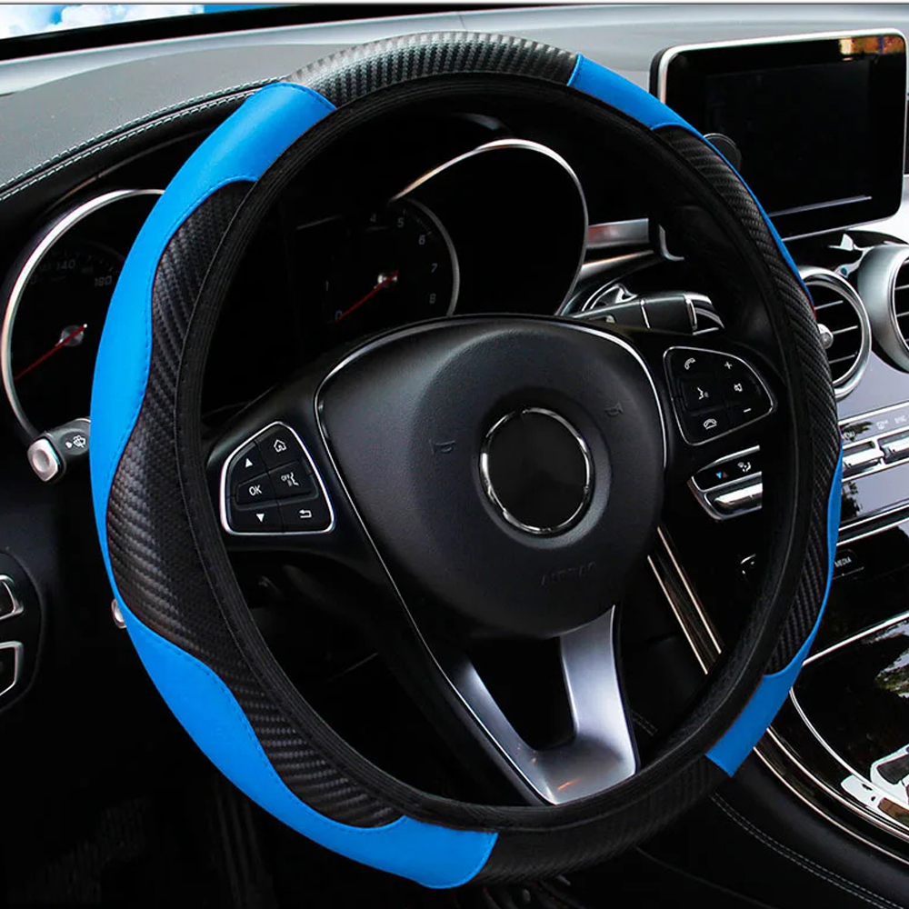 Bil rat dæksel åndbar anti-slip pu læder styretæpper egnet 37-38.5cm auto dekoration kulfiber: Blå