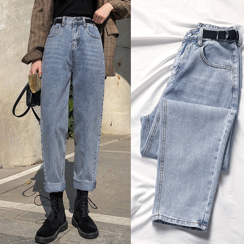 Calças de brim azuis 2020 outono casual calças de perna larga cintura solta e fina harem calças fashionwomen calças tendência