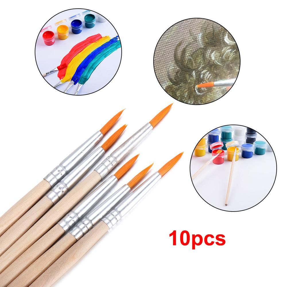 Set de 10 Pinceles de Pintura - Pelo de Nylon + Mango de Madera - Acuarela, Óleo, Caligrafía - Materiales de Arte