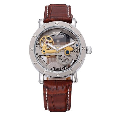 SHENHUA mannen Bridge Analoge Weergave Mechanische Horloge Skeleton Automatische Zelf Wind Man Klok Lederen Band Relogio Masculino: Silver Brown