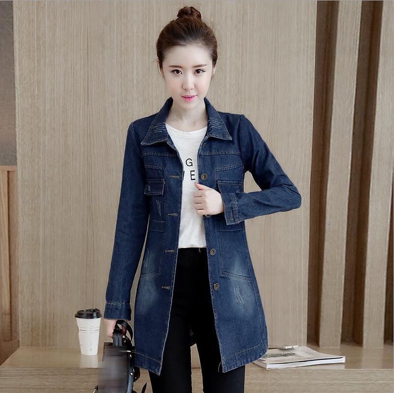 Høst vinter koreansk dongerijakke dame slank lang base coat dame frynsete marineblå plus size jeans jakker jakker kul 5xl: Mørke blå / M