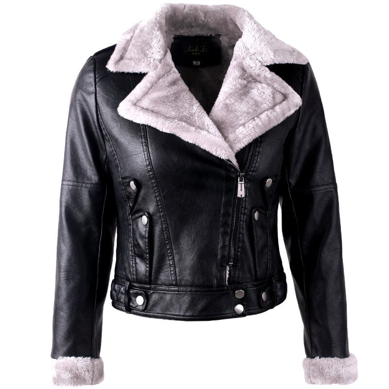Chaqueta de cuero para mujer, abrigo corto de felpa sintética, Tops de Moto, Parka forrada gruesa, locomotora delgada de Pu, color negro,: 4XL