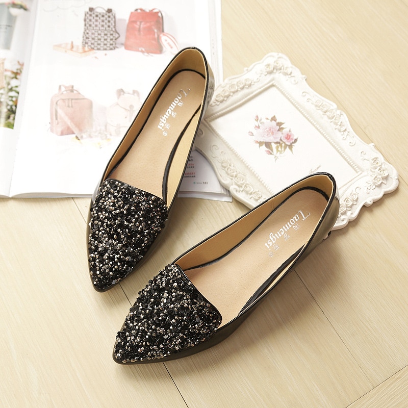 Femme chaussures marée paillettes sauvages bouche peu profonde bout pointu chaussures plates en cuir femmes chaussures décontractées n622