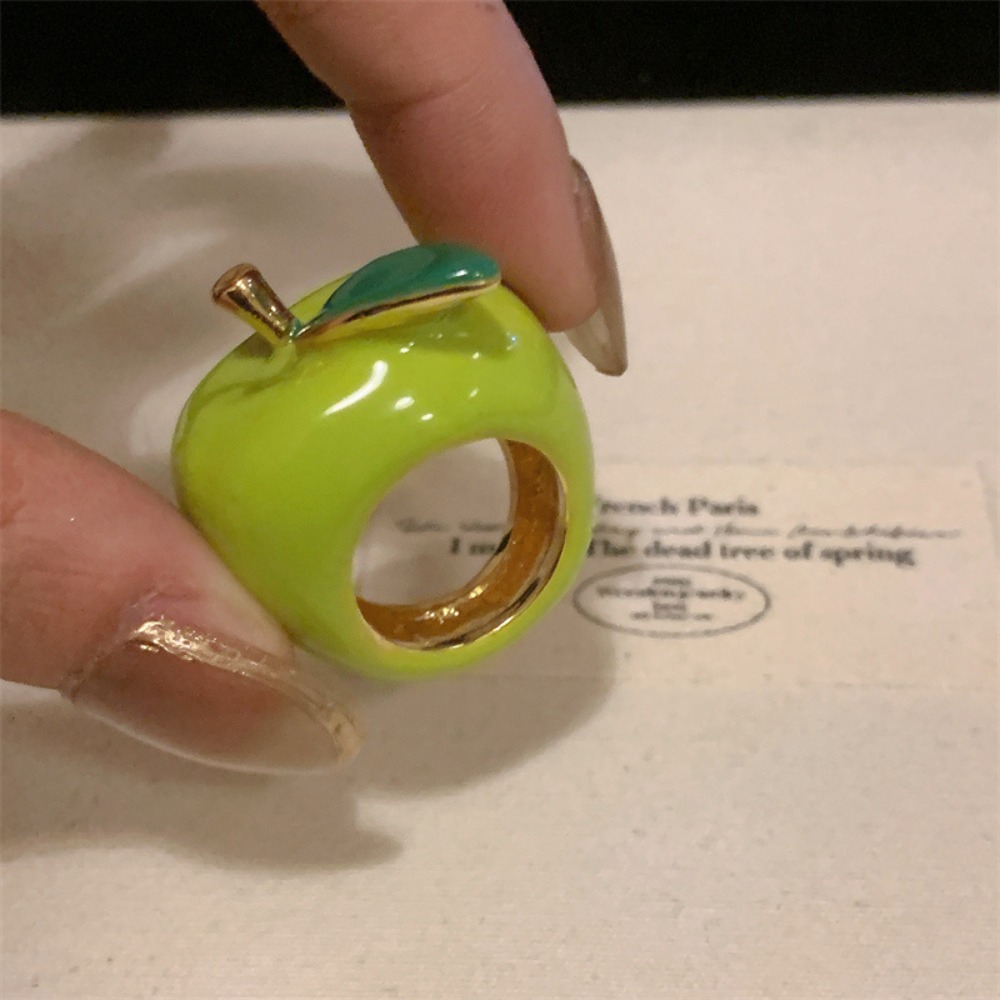 Unique Strawberry Drip Oil Ring Lemon Dripping Oil Painting Ring Korean Style Cherry Fruit Enamel Ring: green
