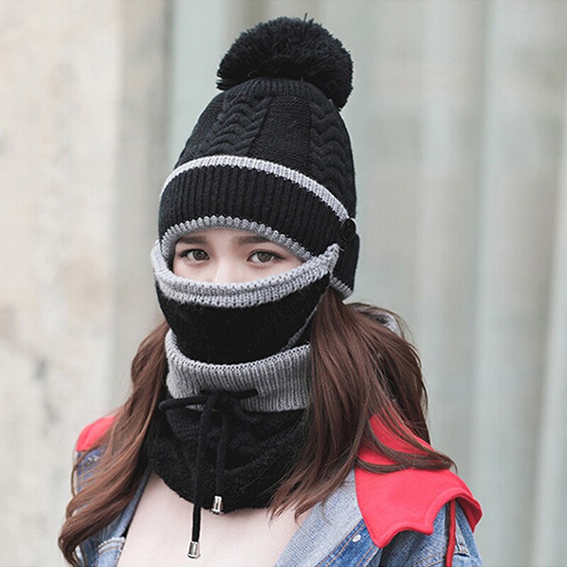 Nueva de Otoño Invierno, gorro para mujer, gorro de punto cálido, bufanda a prueba de viento, gorro multifuncional, bufanda, conjunto de accesorios de ropa, traje: black