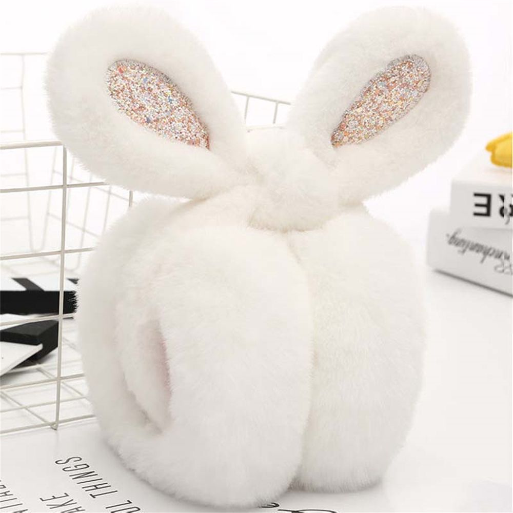 Women Lovely Ear Muffs Ear Warmer Cute Rabbit Ear Winter Headband Sequins Thermal Plush Lovely Ear Muffs: white
