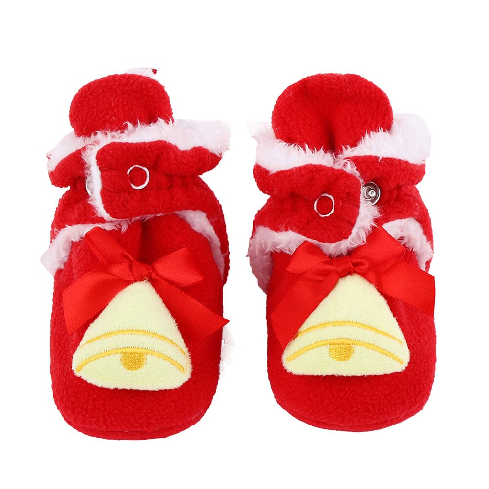 Baby christmas støvletter vinter varme 3d tegneserie fleece sokker krybbe sko skridsikker toddle first walking sko santa foot sokker: Røde klokker / Størrelse 11 0-6 måneder