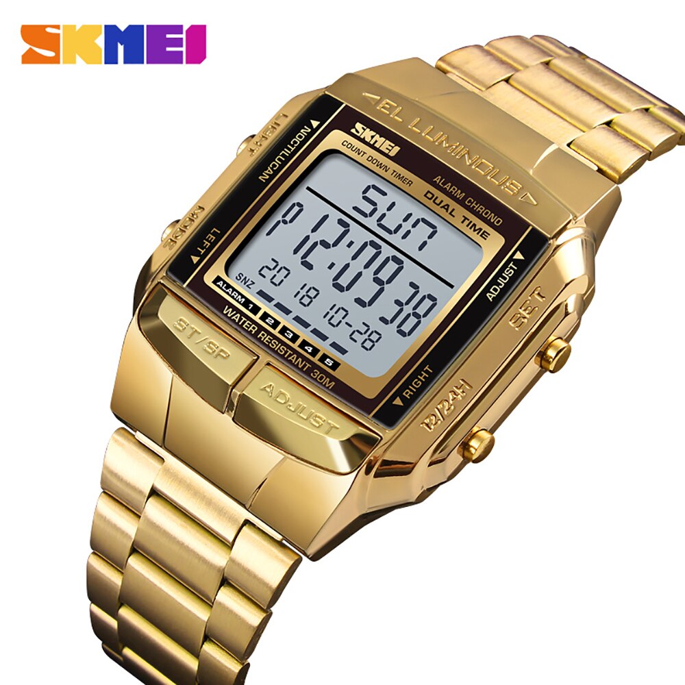 SKMEI1381Männer Analog Digital Uhr Sport Armbanduhr 2 Lässige Zeit 5 Alarm 3ATM Wasserdichte Edelstahl Armbinde Hintergrundbeleuchtung: Gold