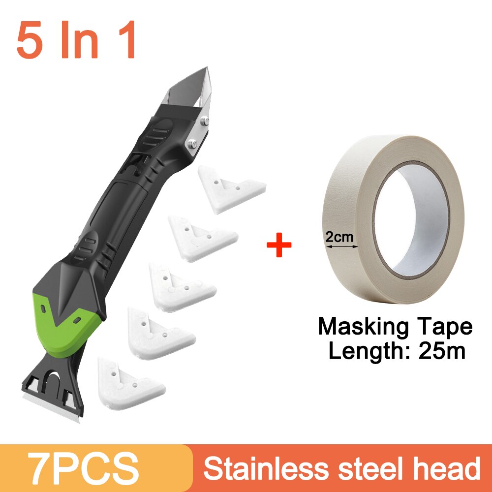 Removedor de silicona 3/5 en 1, Kit de lechada de raspador de plástico suave sellador, herramientas de calafateo, espátula en ángulo multifuncional: With Seam tape