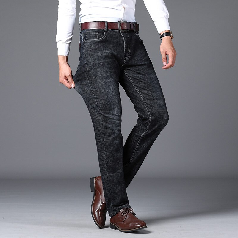 Herfst en winter heren business zwarte jeans slim fit denim stretch broek heren merk broeken
