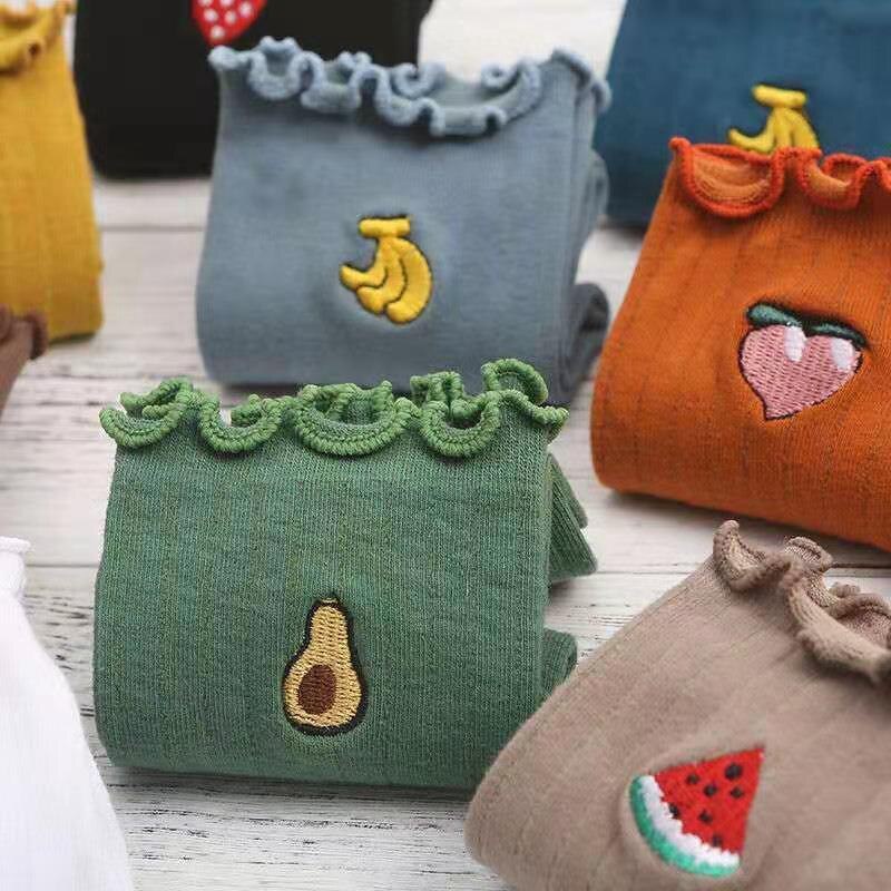 Frilly Embroidered Sock Spring Summer Japan Harajuku Kawaii Cartoon Fruit Cotton Socks Girl Streetwear Happy Casual SOX