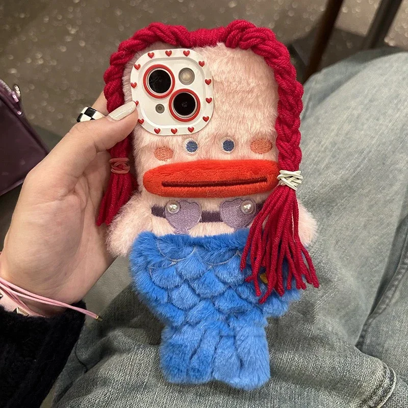 3D schattige pluche zeemeermin meisjes cadeau telefoonhoesje voor iPhone 15 14 13 Pro Max 12 11 X XR 6 7 8 plus winter pluizig haar zachte achterkant