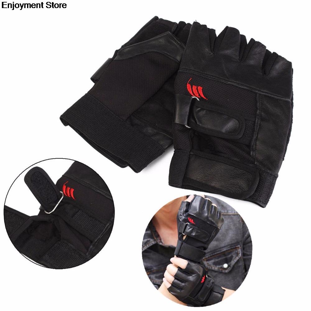 1 par män svart pu läder vikt lyft gym handskar träning handleds wrap sport träning träning fitness