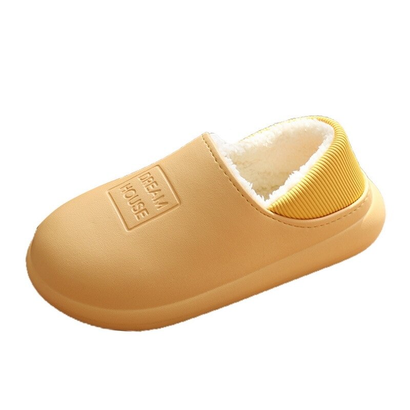 Waterproof Winter Cotton Slippers Female Home Household Warm Women Shoes Indoor Out Leather Bread With Moon Cotton Shoes: yellow / 39-40