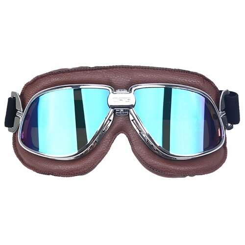 Läder motorcykel glasögon vintage pilot motocross glasögon hjälm cykling glasögon solglasögon för harley style cafe racer gafas: Blå