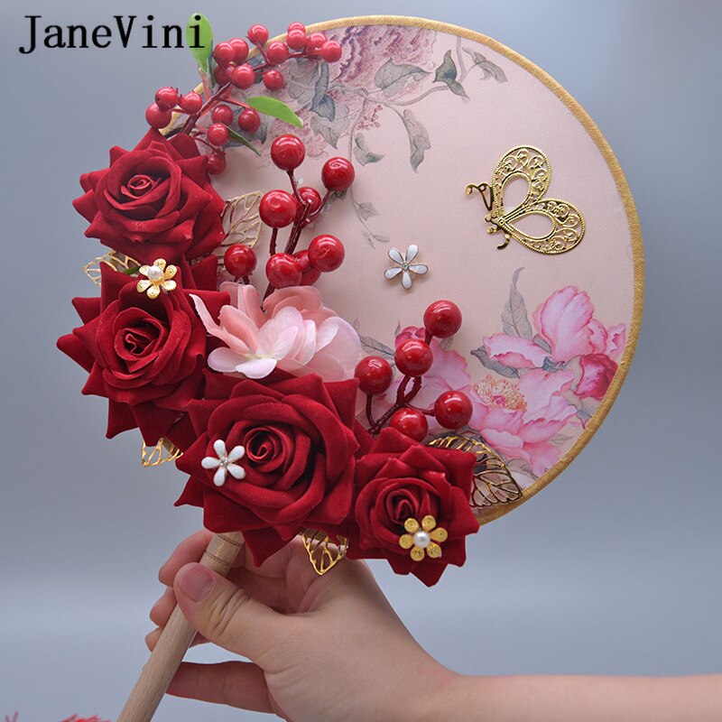 JaneVini Novo Tipo Do Ventilador Único Estilo Chinês Flores Flores Artificiais Flores de Seda Do Casamento de Rosa Vermelha Buquês Wdding Nupcial Jóias Acessórios