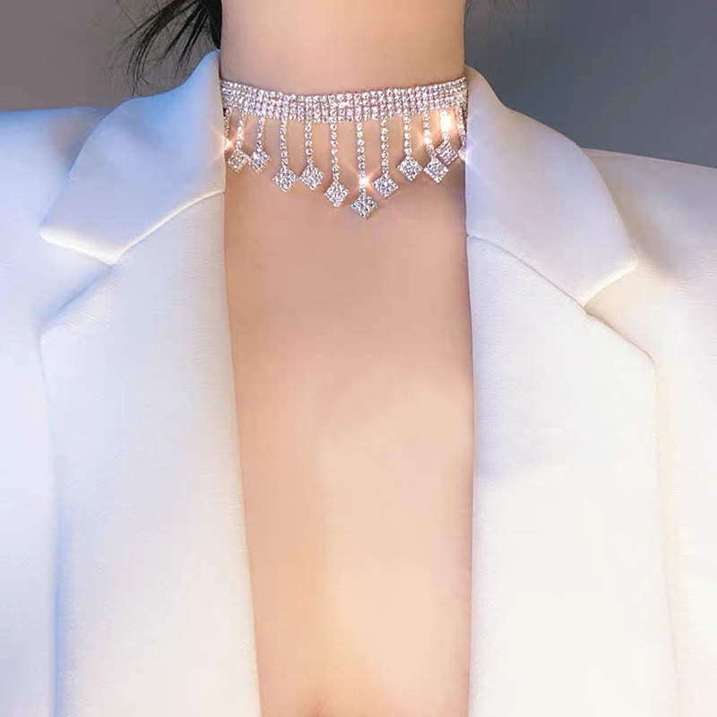 FYUAN Shine Geometric Rhinestones Choker Necklaces for Women Tassel Crystal Necklaces EngagementJewelry Party