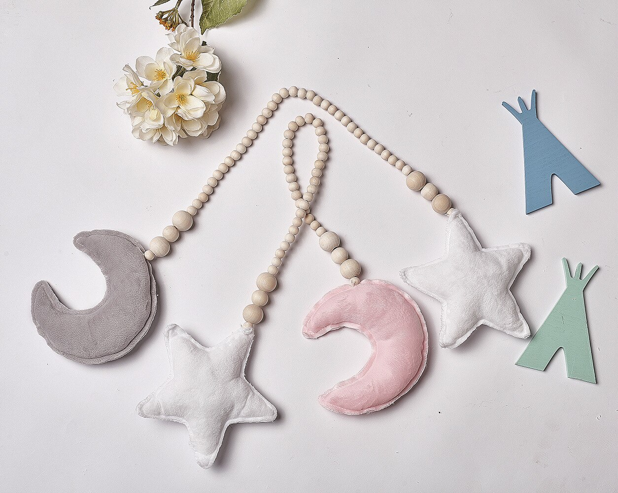Ornamento nórdico de cuentas de madera para decoración de habitación de niños, doble luna, estrella, tienda de cuna para bebé, colgante, decoración de pared, accesorios de fotografía
