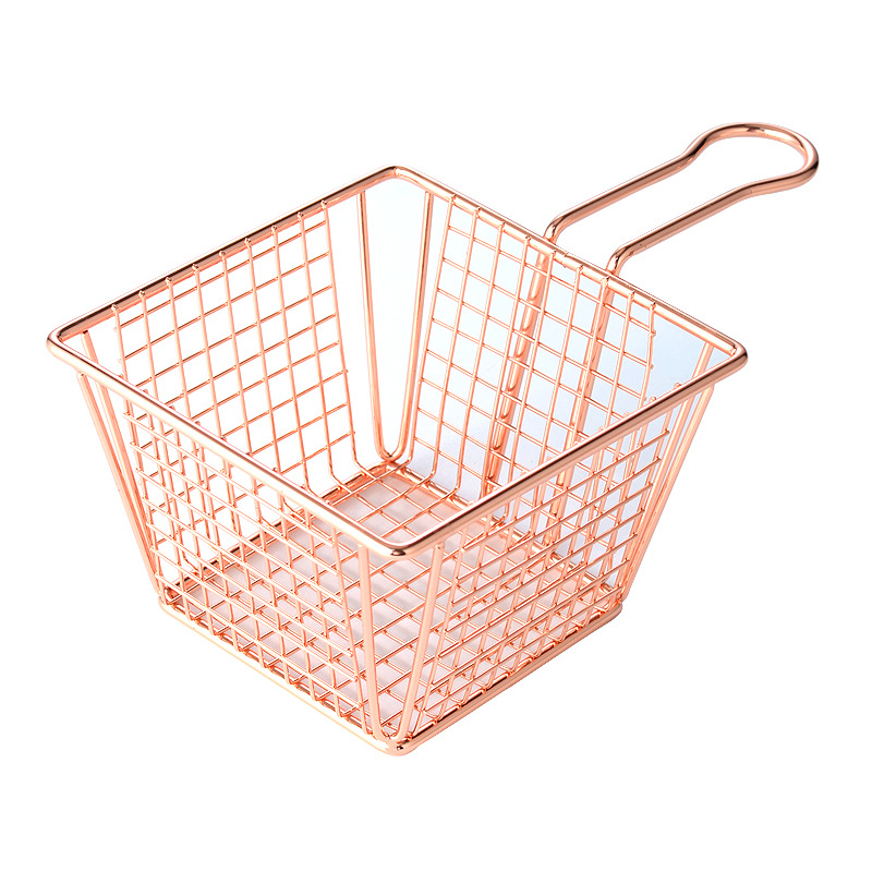 Mini French Deep Fryers Basket Net Mesh Fries Chip Kitchen Tool Stainless Steel Fryer Home Mini French Fries Baskets Strainer: Rose gold I