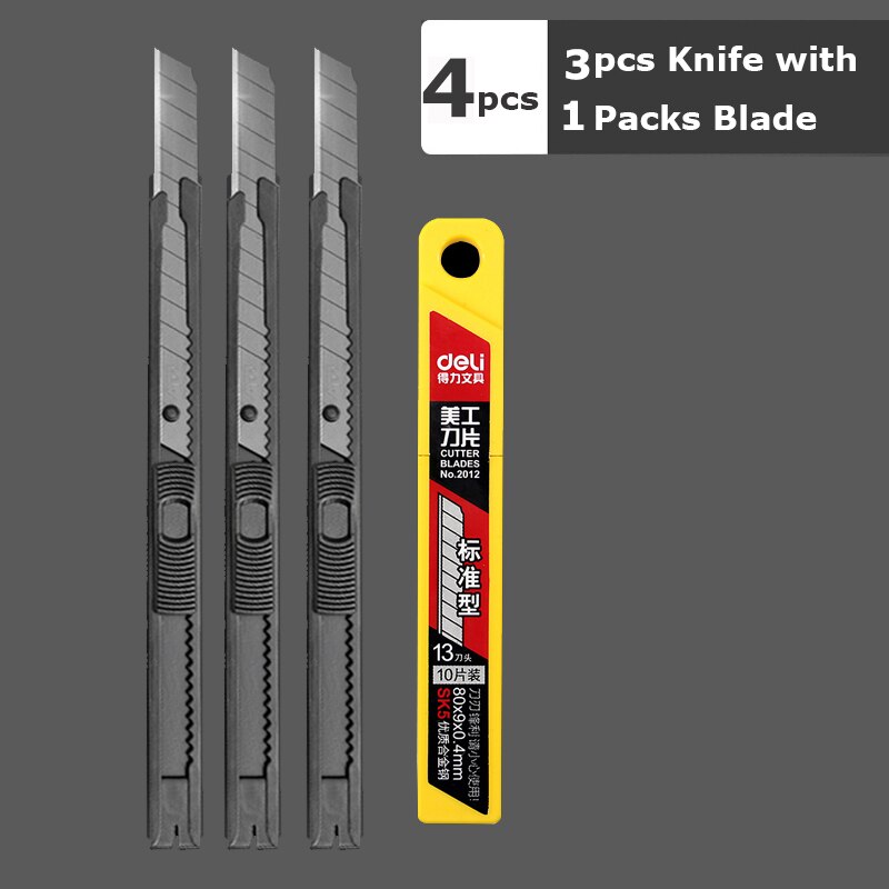 Deli Metal Utility Knife Pocket Knives Retractable Paper нож Unboxing Cutter Self-Locking 60 Sharp Angle Office Supplies: 3Black Knife 1Blade