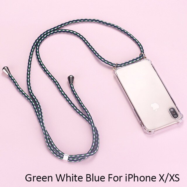 Del Cavo della cinghia Della Catena Della Cordicella Del Telefono di Caso per il iPhone XS X Mobile Della Collana Trasporta la Copertura Trasparente Caso Molle di TPU per Appendere su Apple X XS: Green White Blue