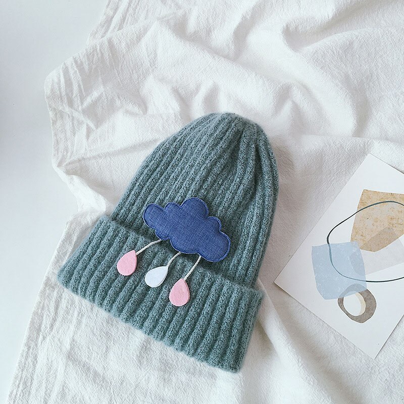 Herfst winter baby mutsen kinderen jongens meisjes mooie wolken gebreide muts effen kleur warme mutsen: Groente