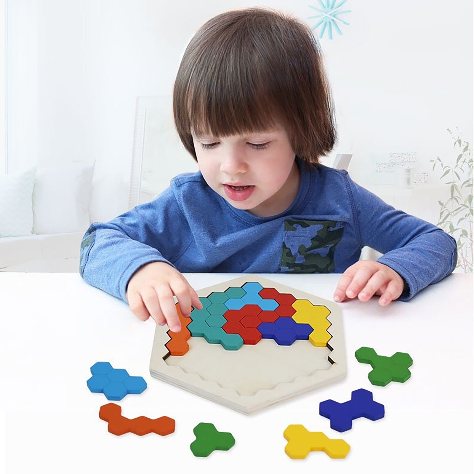 Kids Adult Multicolor Wooden Hexagon Puzzle Toy Honeycomb Shape Tangram Puzzle Toys Geometry Logic Iq Game Toddlers Toys