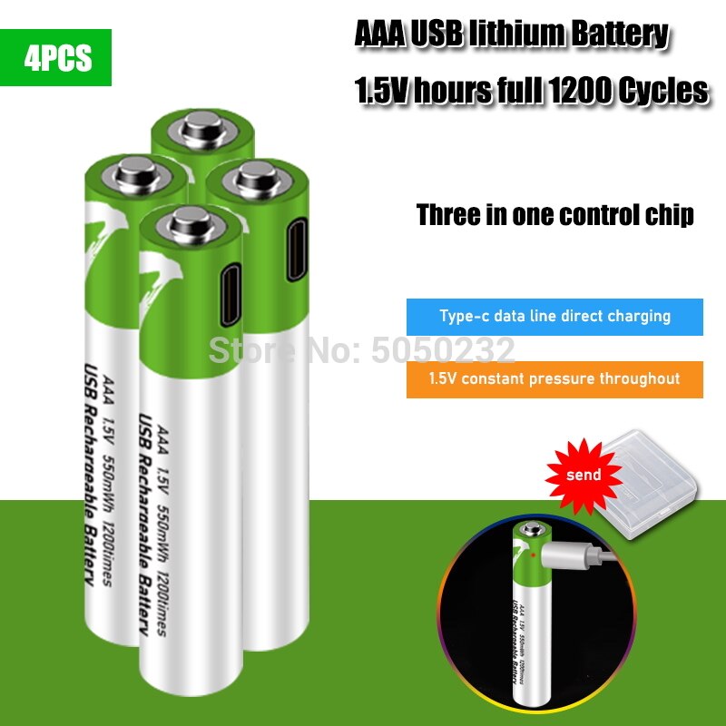 AAA Rechargeable Batteries - 1.5V 550mWh USB Li-Ion - Pack of 4, 8, 12, or 20: 4 pcs